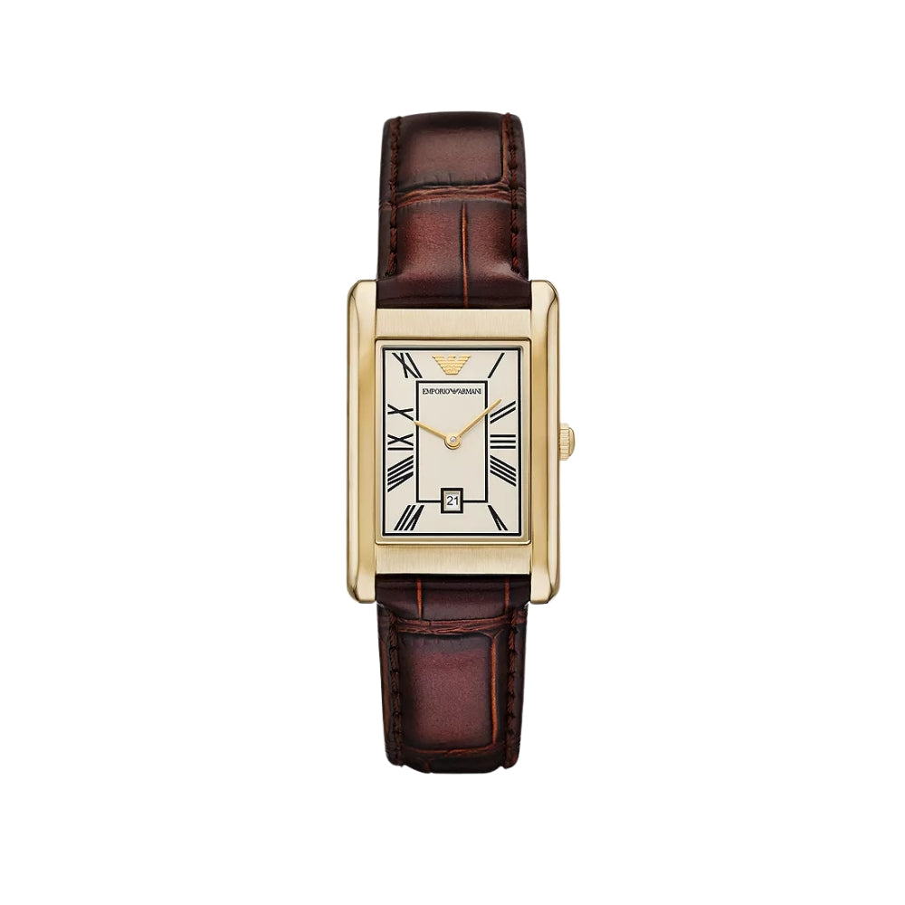 Watch with brown leather strap and gold case on a white background