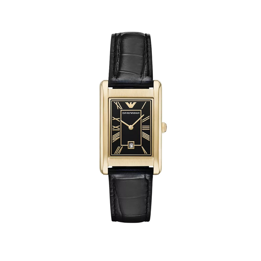 Black watch with gold accents on a white background
