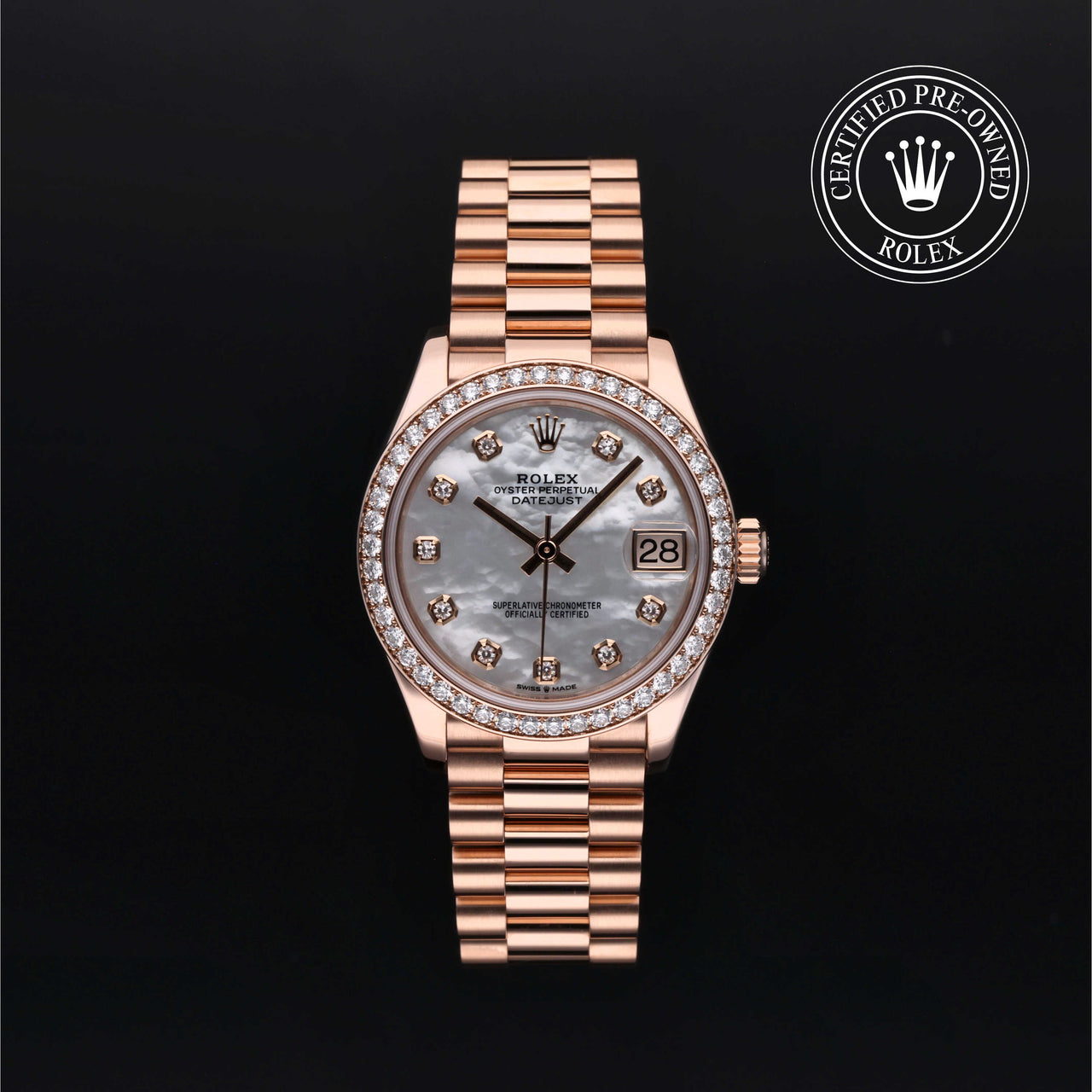 Rose gold Rolex watch with diamond bezel on a black background, featuring the 'Certified Pre-Owned Rolex' logo.