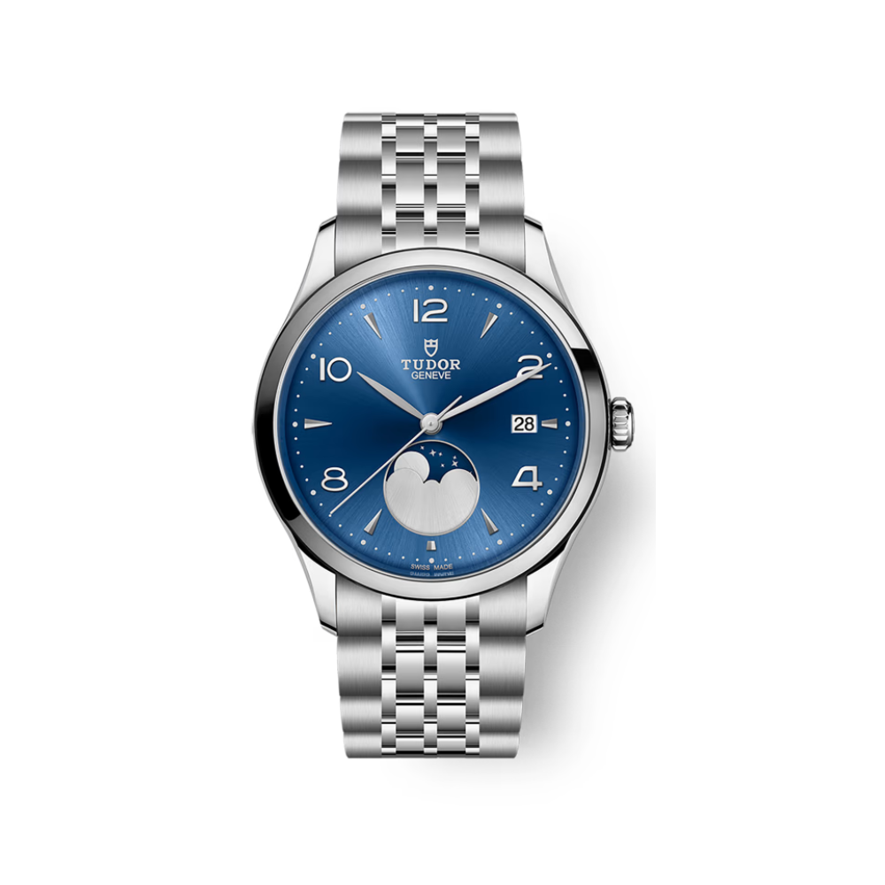 Steel watch with blue dial on a white background