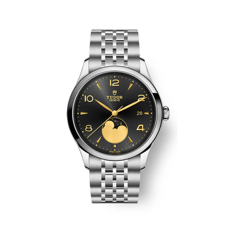 Tudor watch with black dial and steel bracelet on a white background