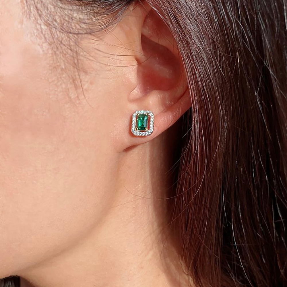 CARAT Sterling Silver Eton Emerald Cut Green Borderset Stud
